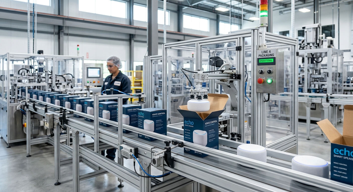 Linha de produção moderna de uma indústria embalando um produto final para o consumidor B2C.