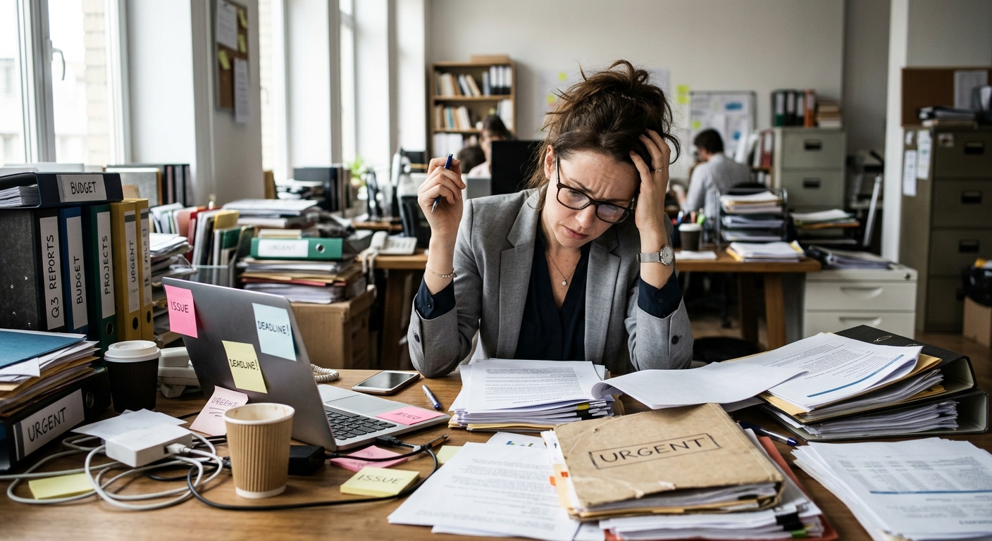 Gestor estressado em escritório desorganizado revisando papéis com expressão preocupada