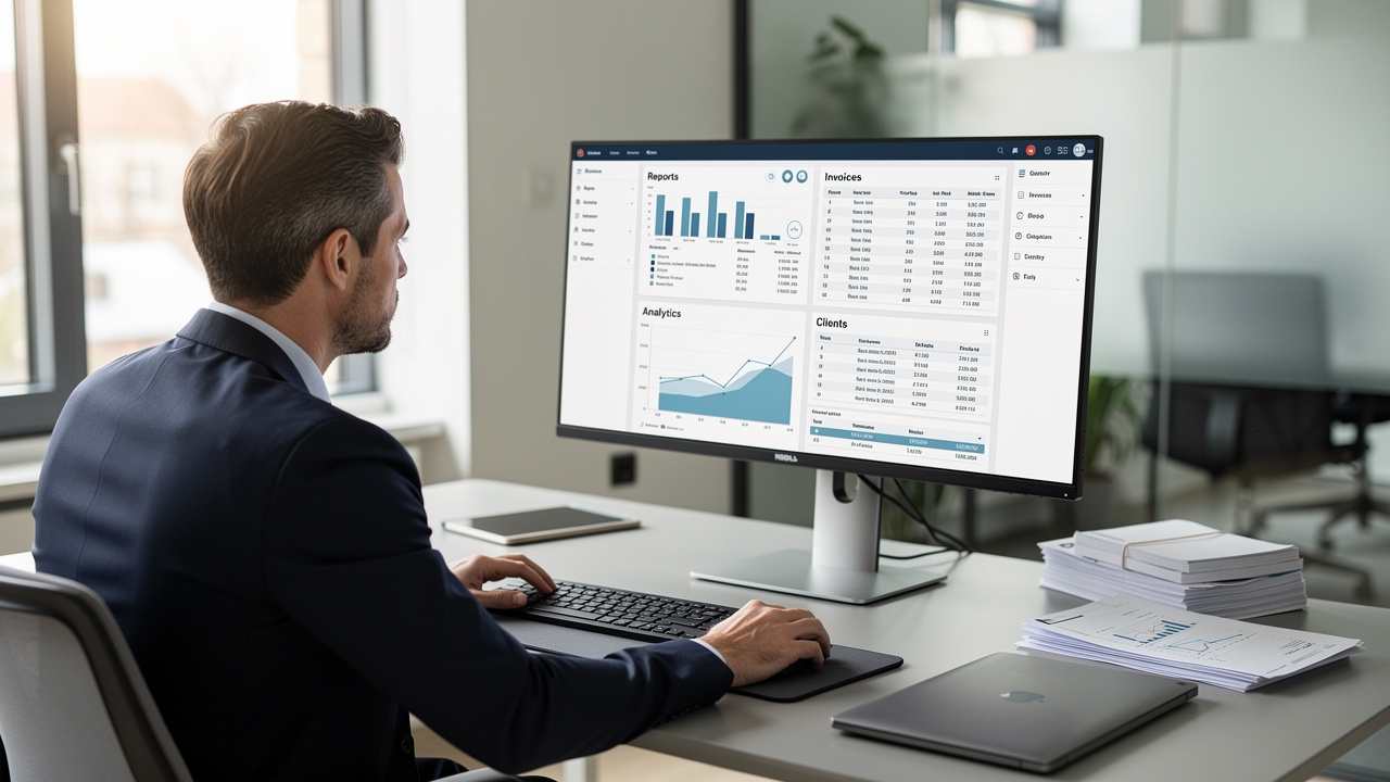 Gestor analisando registros digitais organizados em monitor grande em escritório moderno