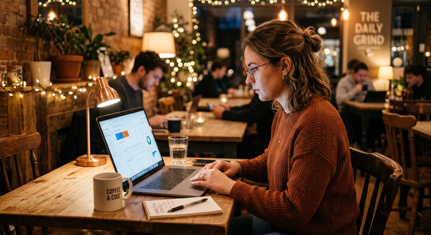 Jovem profissional de marketing digital trabalhando em ambiente aconchegante e produtivo.