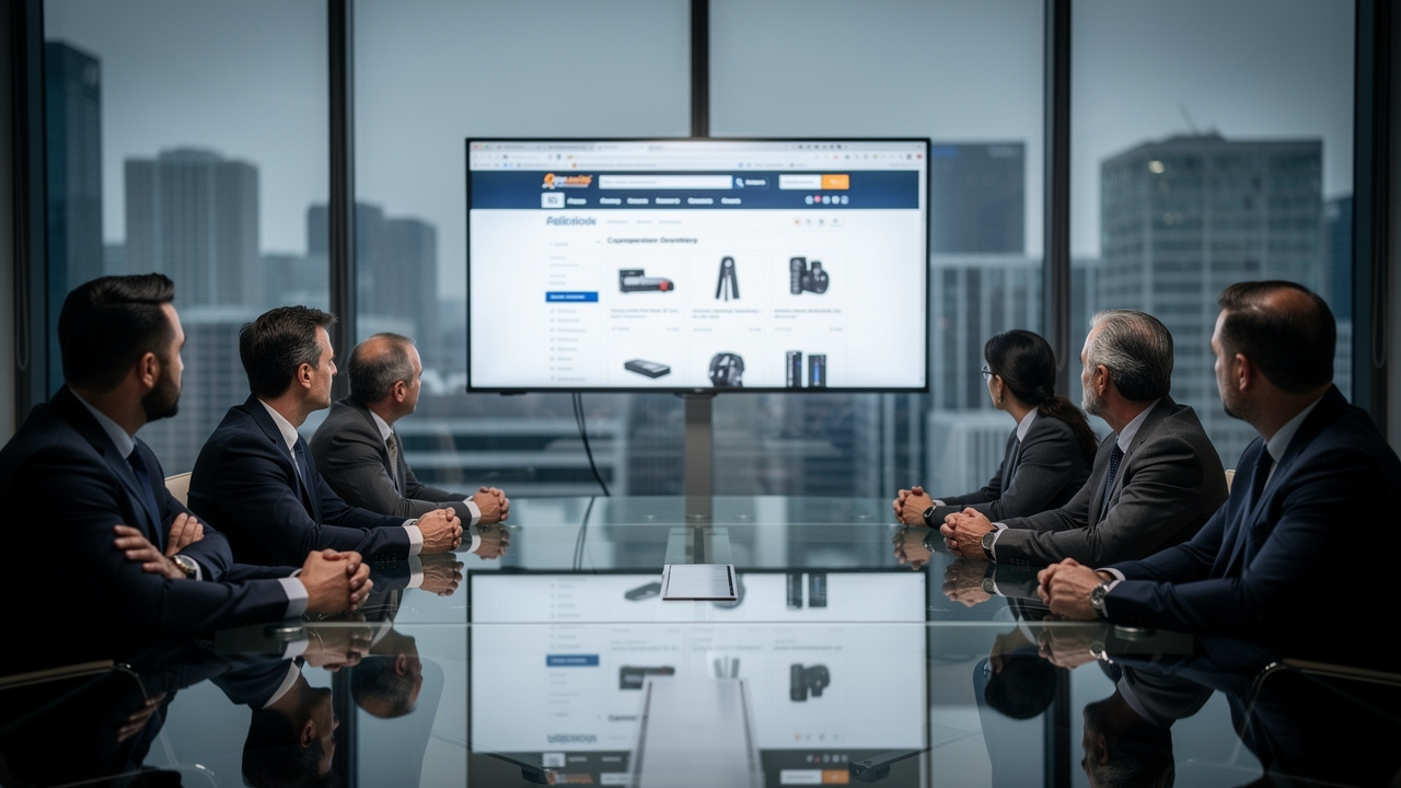 Executivos em sala de reunião analisando site de concorrente em tela grande