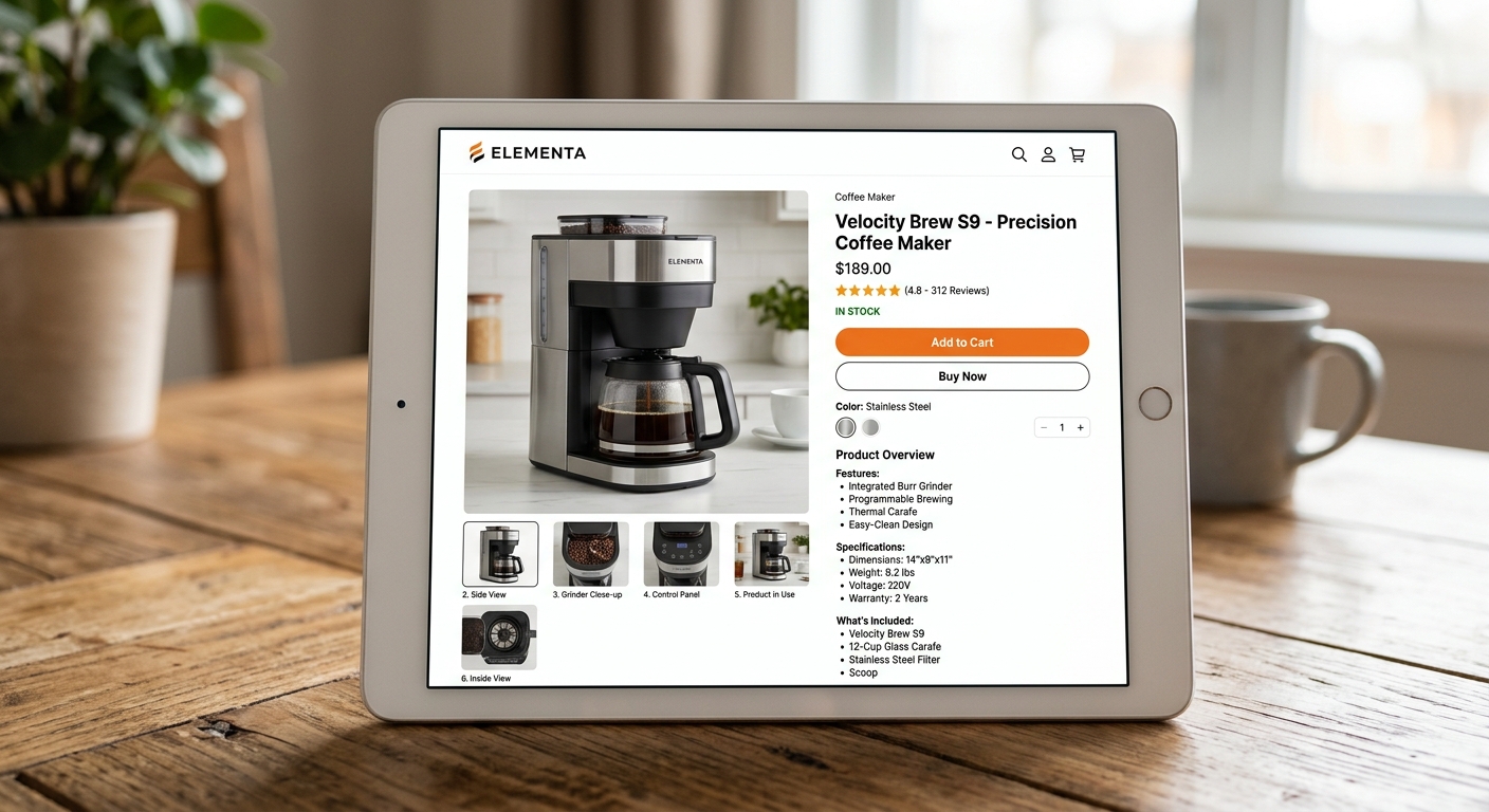 Página de produto em tablet com imagens de qualidade e descrição detalhada do item.