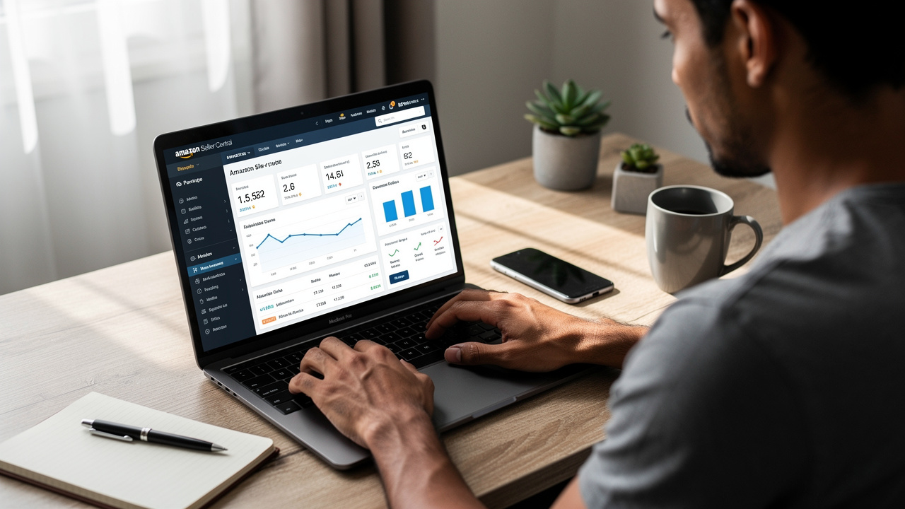 Vendedor brasileiro analisando painel do Amazon Seller Central em notebook sobre mesa