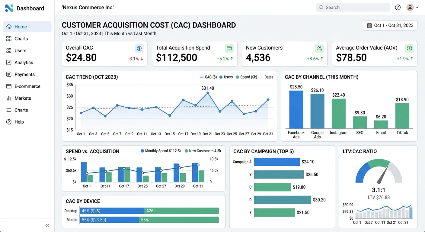Painel de controle exibindo gráficos e métricas de Custo de Aquisição de Clientes em um e-commerce.