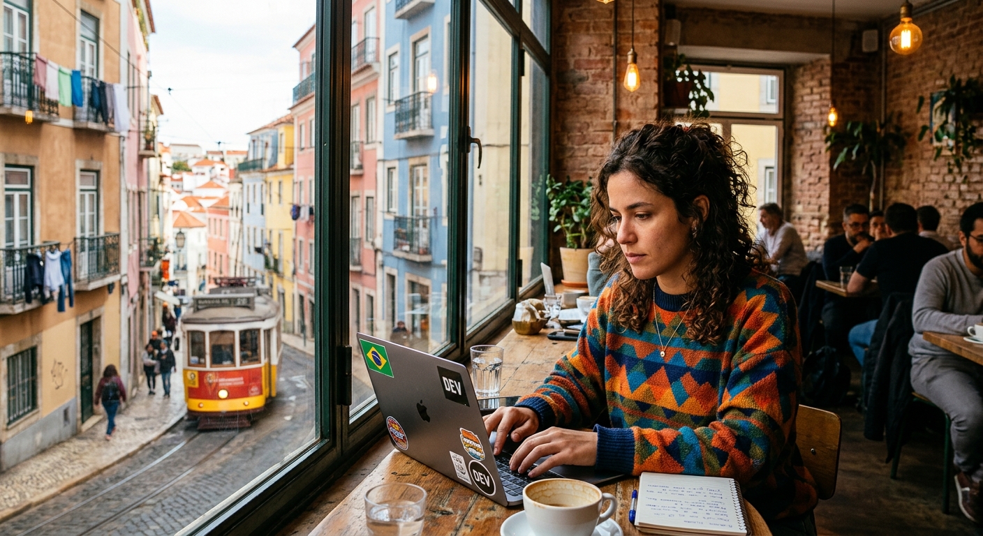 Freelancer brasileiro trabalhando em um café fora do Brasil, com vista da cidade ao fundo