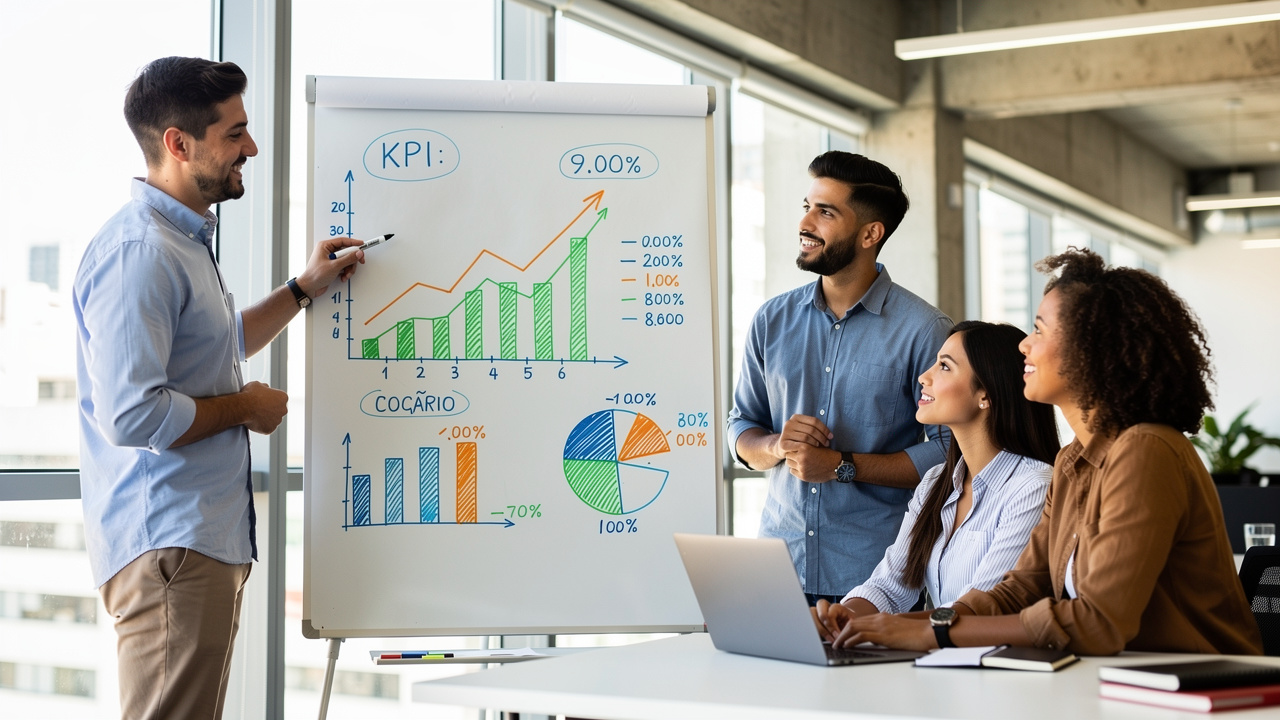 Equipe de marketing brasileira discutindo gráficos de KPI em quadro branco em escritório