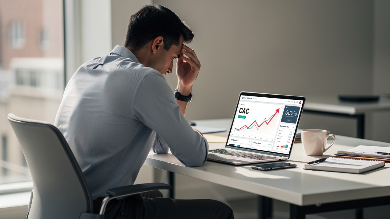 Empreendedor frustrado analisando métricas de custo de aquisição alto no computador