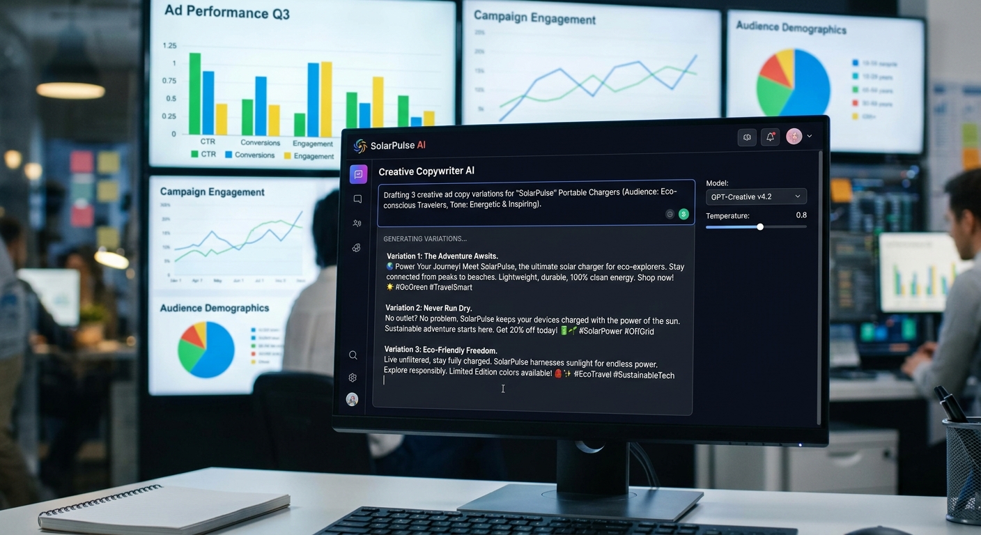 Interface de um chat com inteligência artificial gerando variações de textos para anúncios em uma tela de computador.