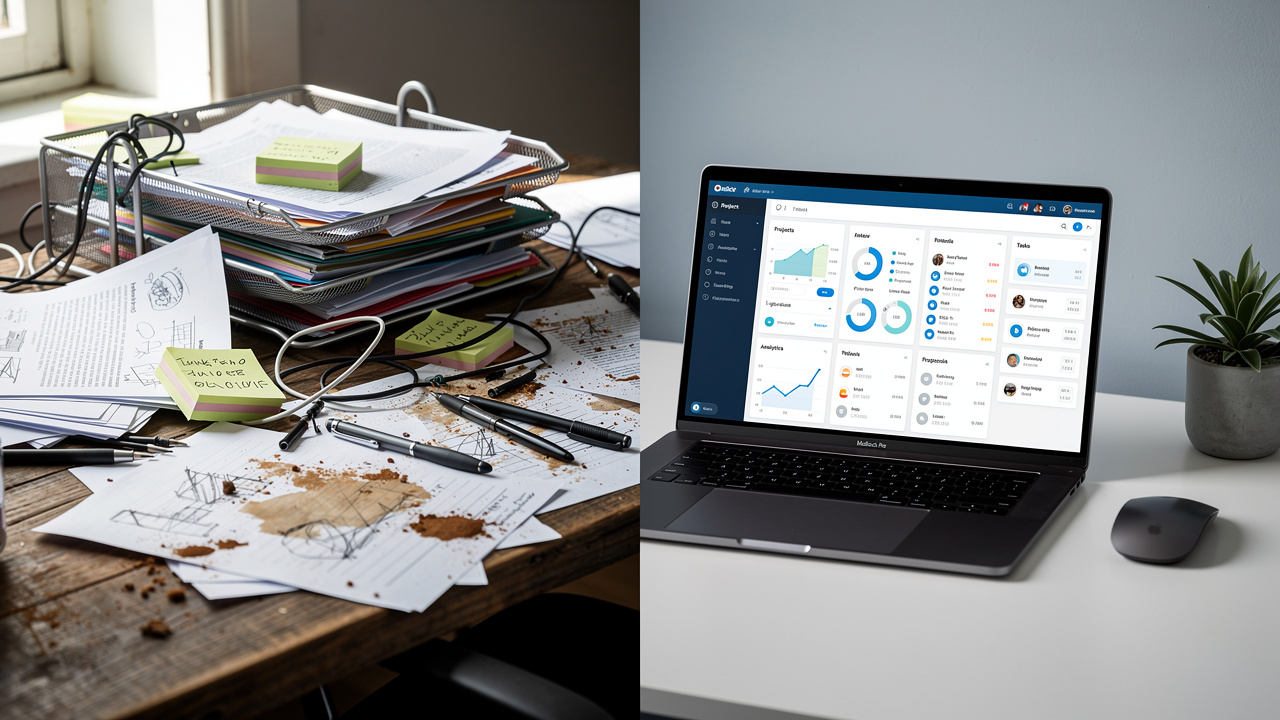 Comparativo entre uma mesa de trabalho bagunçada e uma tela de computador com painel organizado.