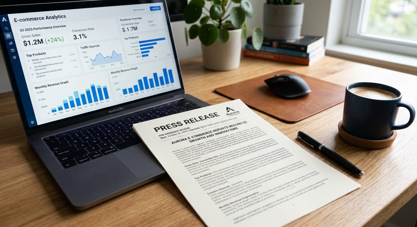 Documento de press release em uma mesa ao lado de um notebook exibindo análises de e-commerce