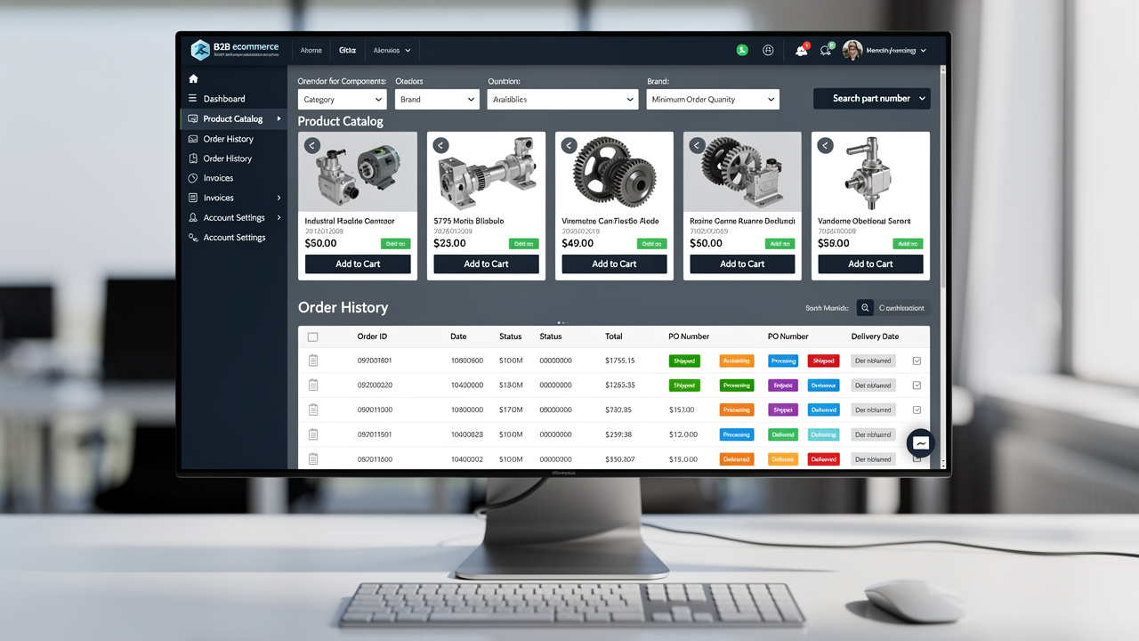 Portal de ecommerce B2B em tela de computador com catálogo e histórico de pedidos industriais