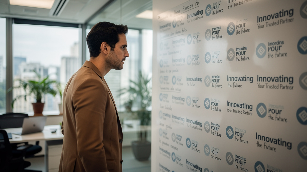 Empreendedor brasileiro observando quadro com logos e slogans de empresas idênticas em escritório moderno