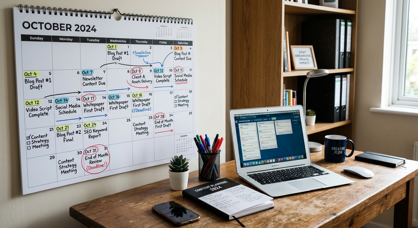 Calendário organizado mostrando prazos para entrega de conteúdo em mesa de escritório