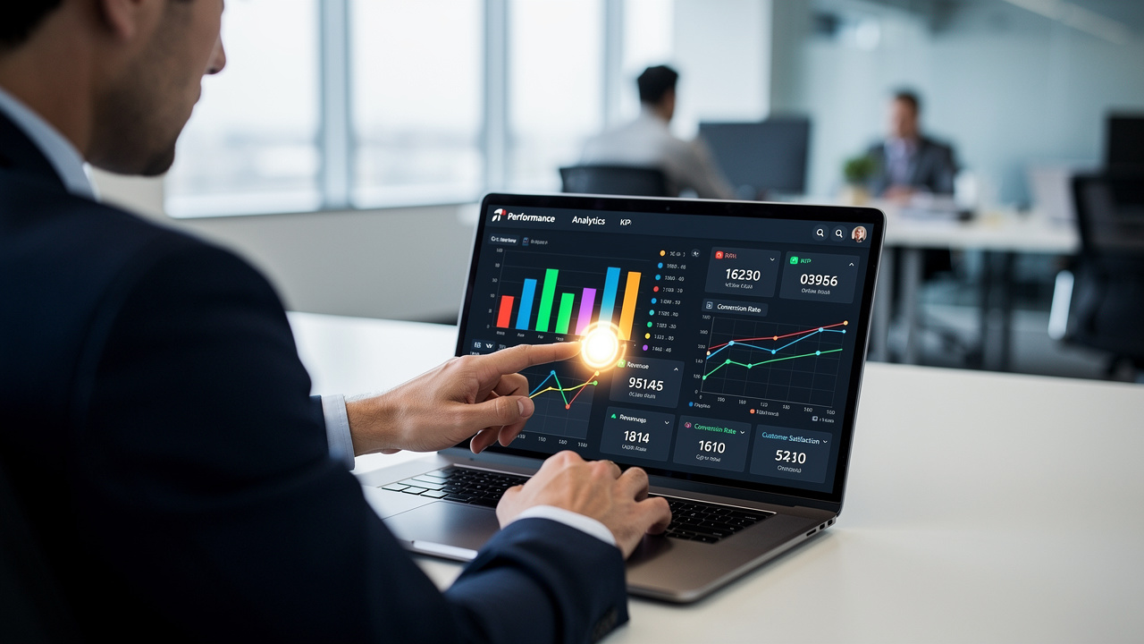 Gestor analisando painel de indicadores de desempenho em laptop no escritório