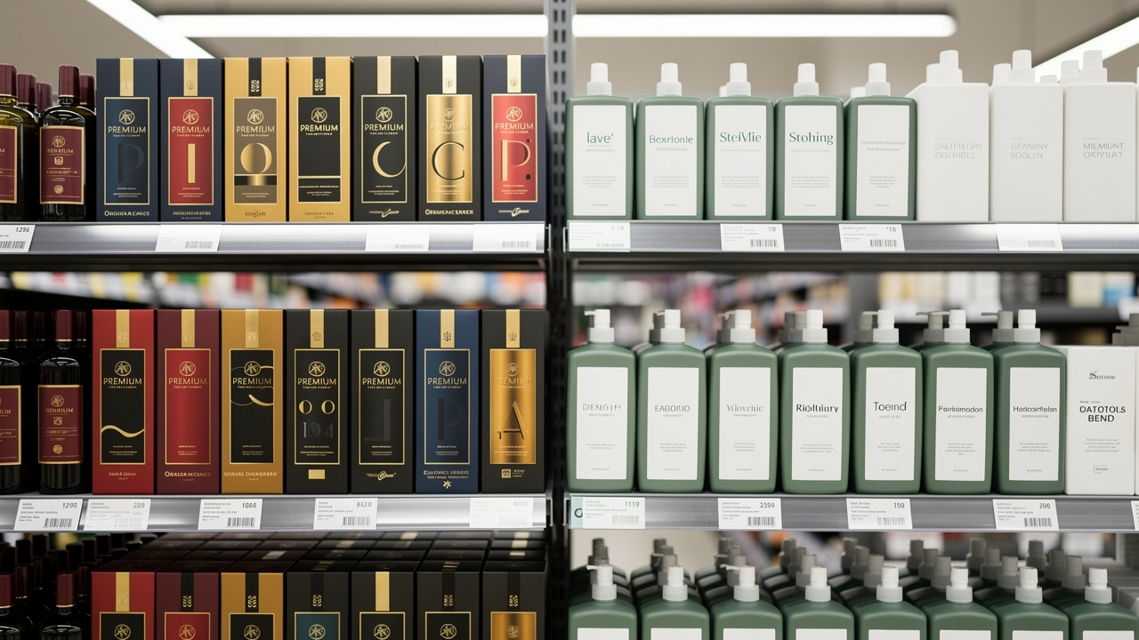 Duas prateleiras de loja comparando produto de marca premium com produto genérico sob iluminação de estúdio