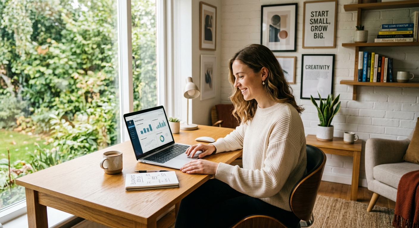 Jovem empreendedora trabalhando em casa, utilizando um laptop em ambiente moderno