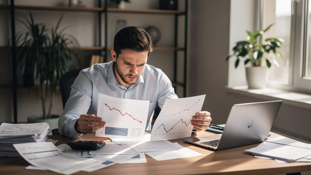 Empresário analisando gráficos financeiros com expressão preocupada em escritório iluminado