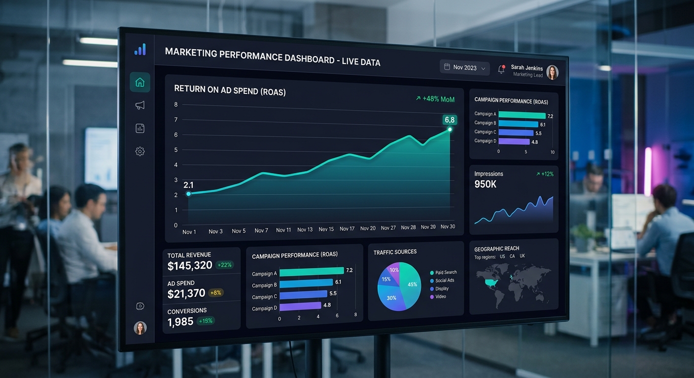 Dashboard de marketing digital exibindo um gráfico de ROAS (Retorno sobre Investimento em Anúncios) em crescimento.