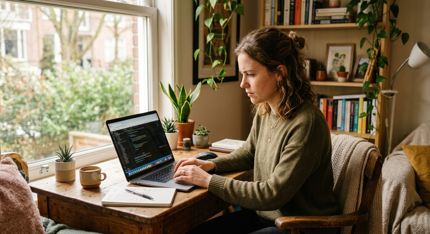Jovem freelancer concentrado em trabalho em escritório caseiro com luz natural