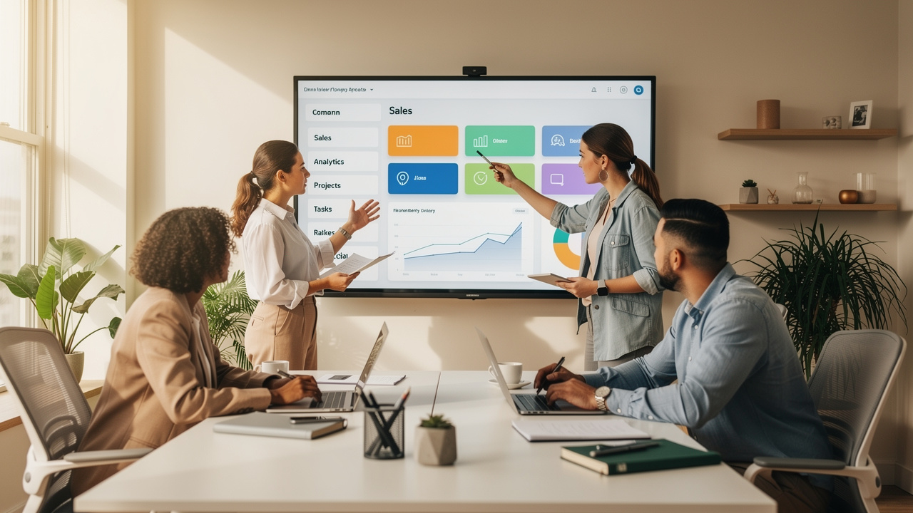 Equipe organizando dados em painel central em espaço de trabalho colaborativo iluminado