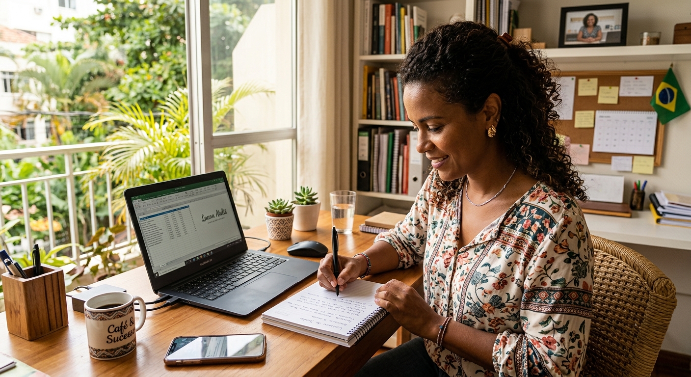 Empreendedora autônoma planejando sua estratégia de marketing em uma mesa iluminada com notebook e caderno