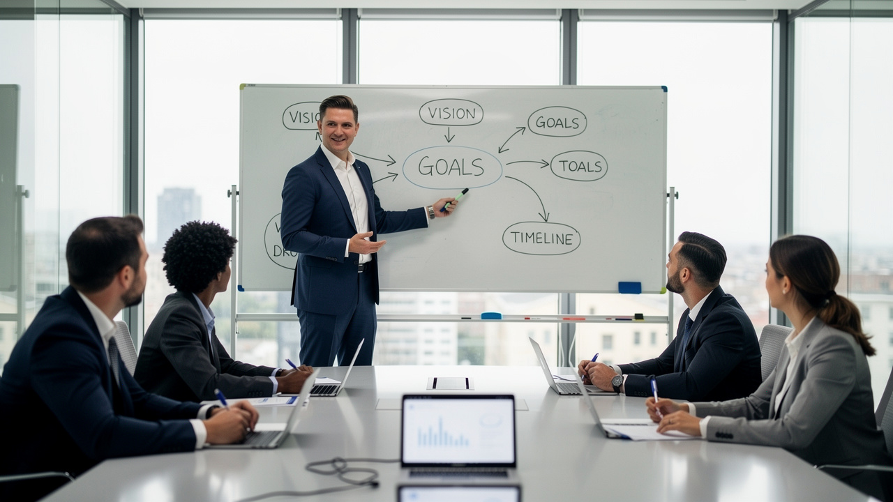 Líder apresentando mapa estratégico no quadro branco para equipe em sala de reunião