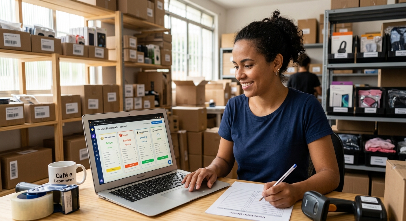 Lojista brasileiro conferindo sincronização de estoque em múltiplos marketplaces pelo laptop em pequeno armazém