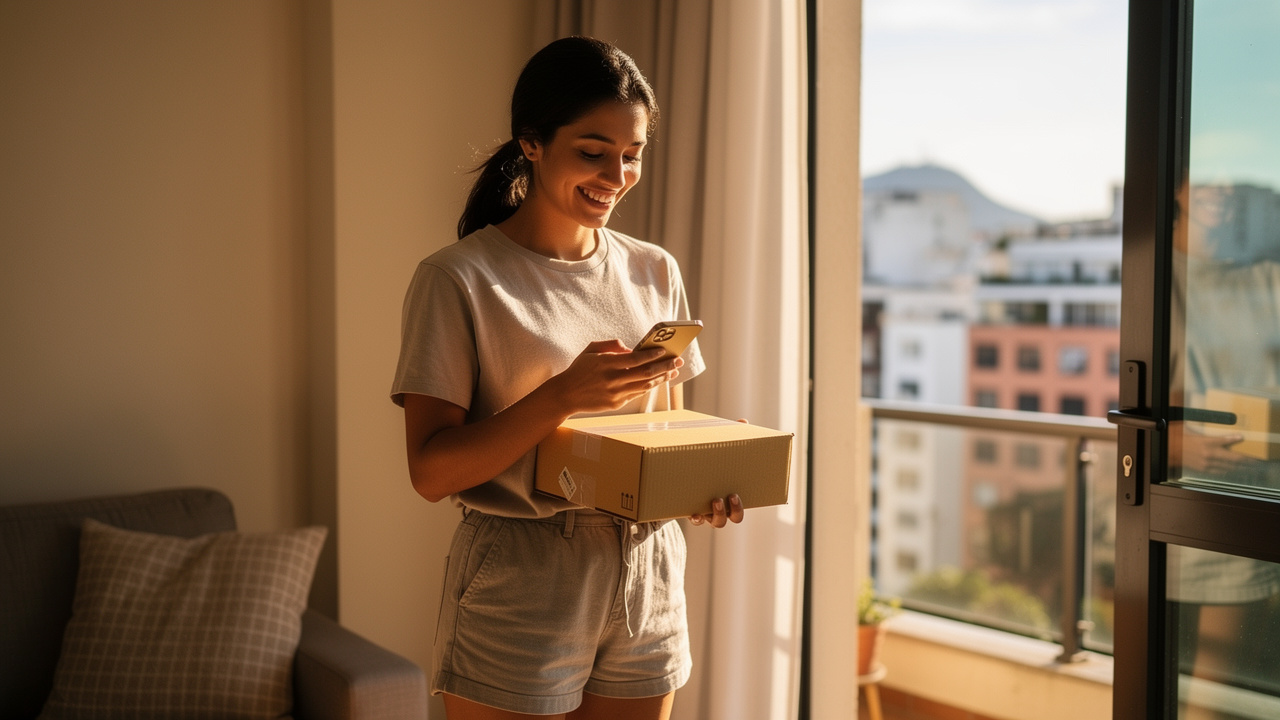 Cliente brasileiro sorrindo ao receber pacote em casa enquanto usa o celular