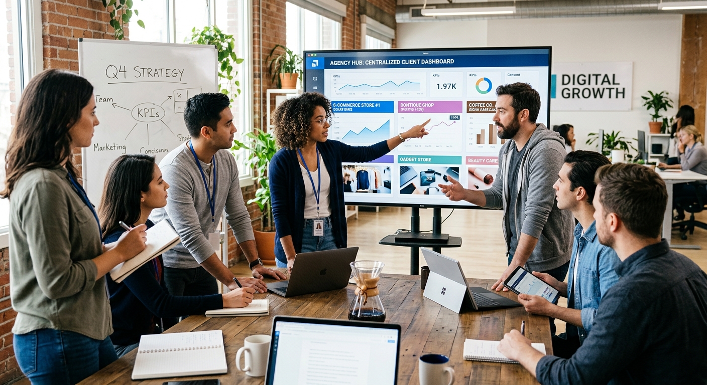 Equipe de agência digital colaborando em torno de painel centralizado com múltiplas lojas de clientes