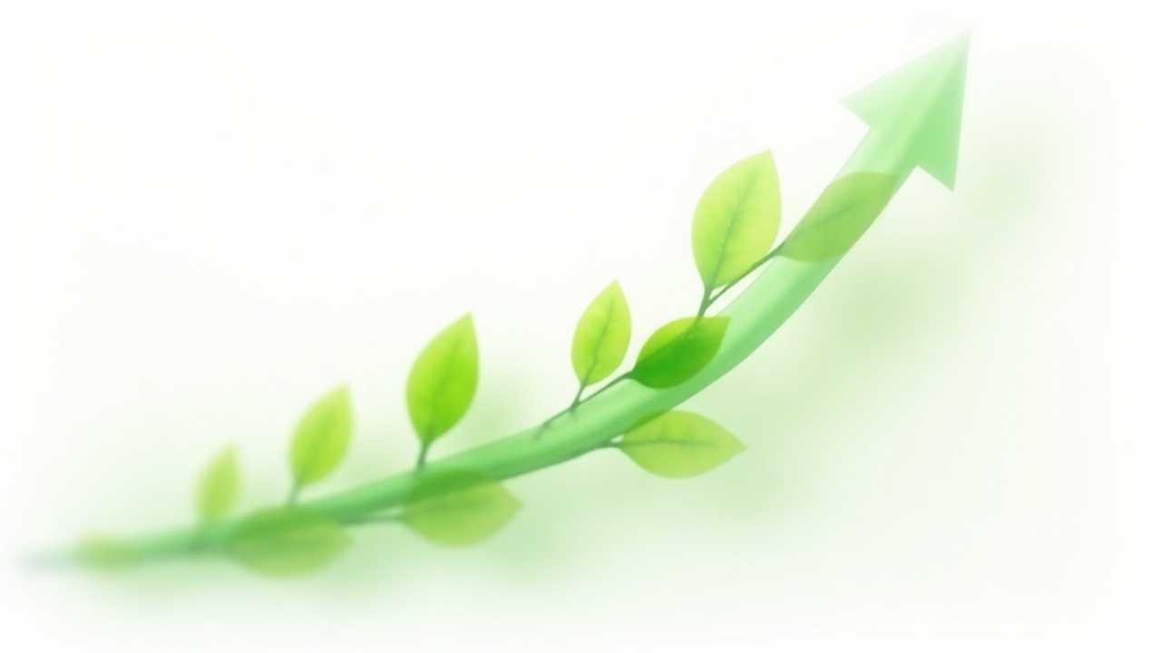 Ilustração de um gráfico de linha ascendente feito de folhas verdes simbolizando crescimento orgânico e resultados positivos.