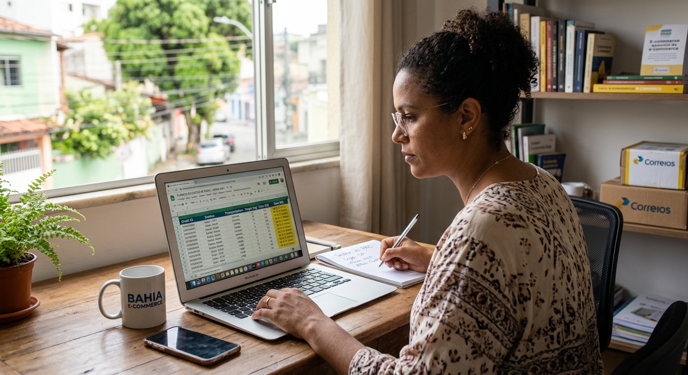 Empreendedor analisando planilha de custos de frete em notebook com luz natural