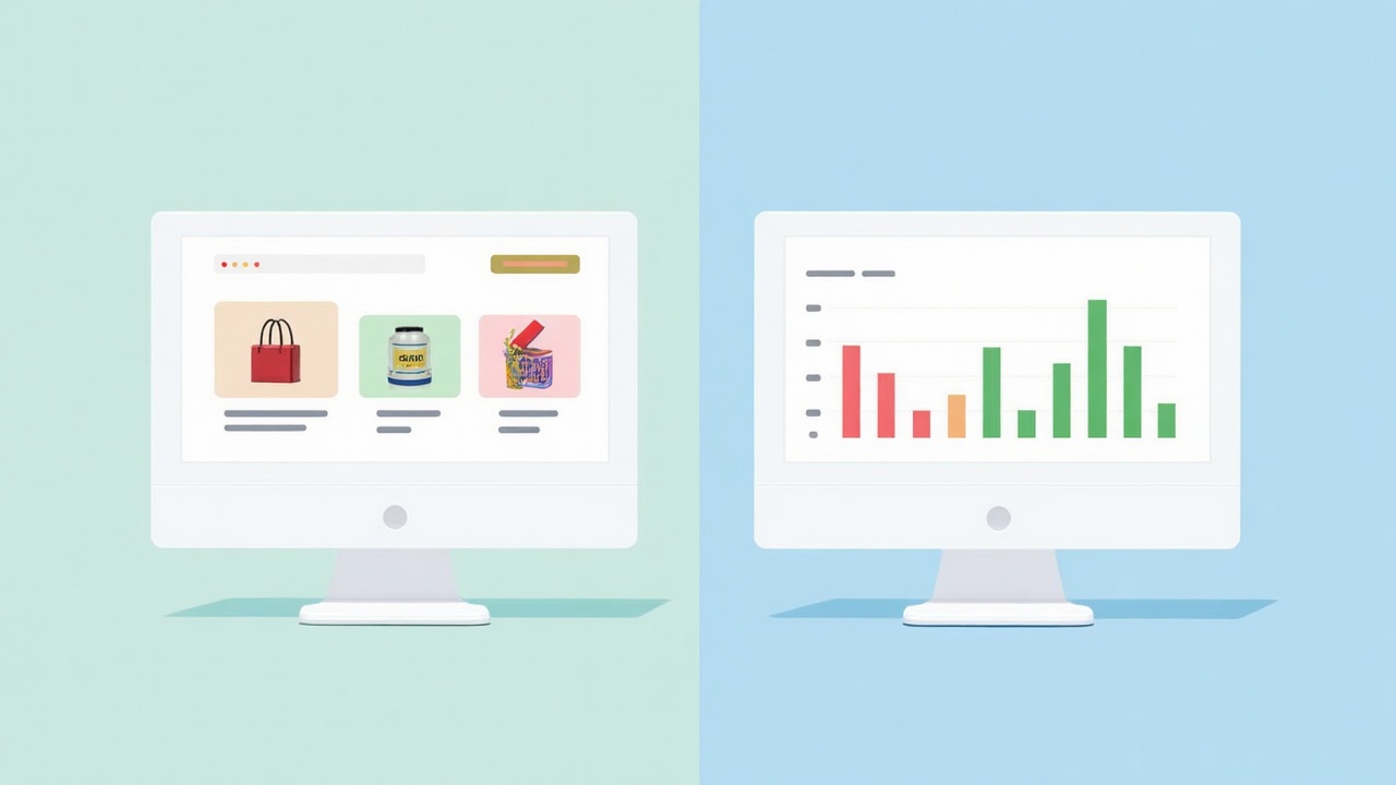 Tela dividida mostrando uma loja virtual da Shopify de um lado e seus dados analíticos do outro