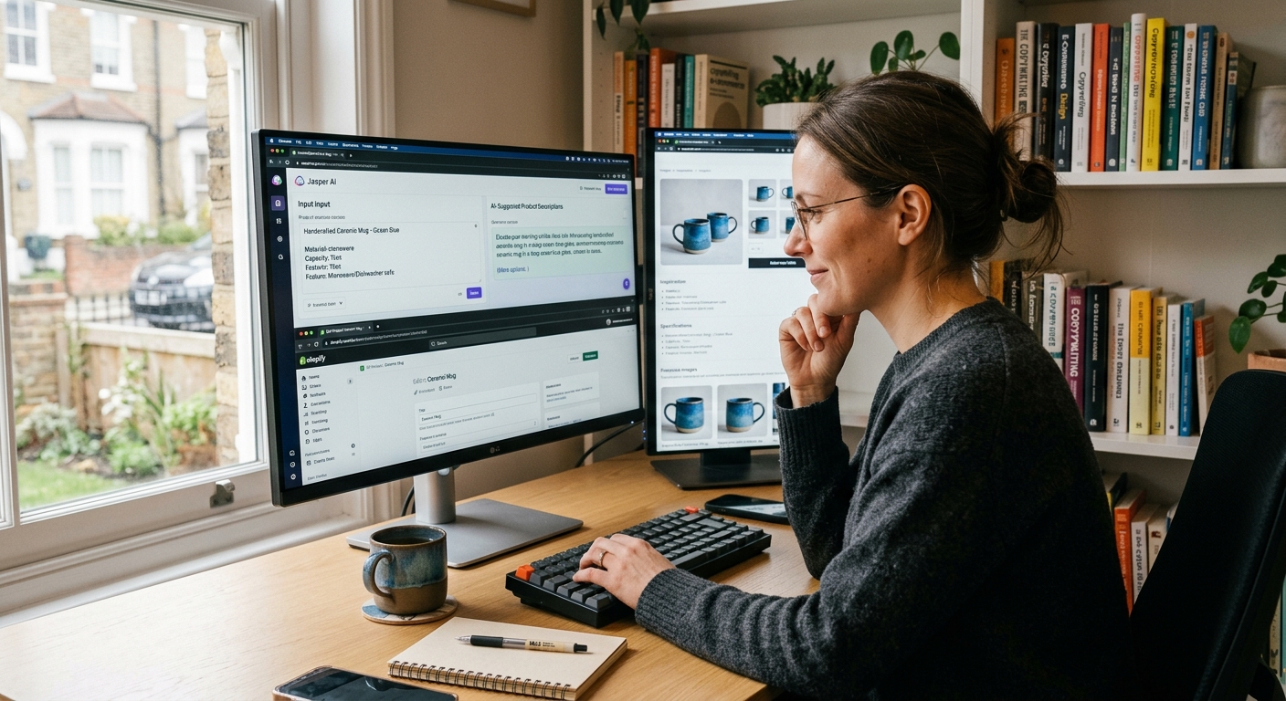 Redatora usando software de IA para criar descrições de produto para loja virtual