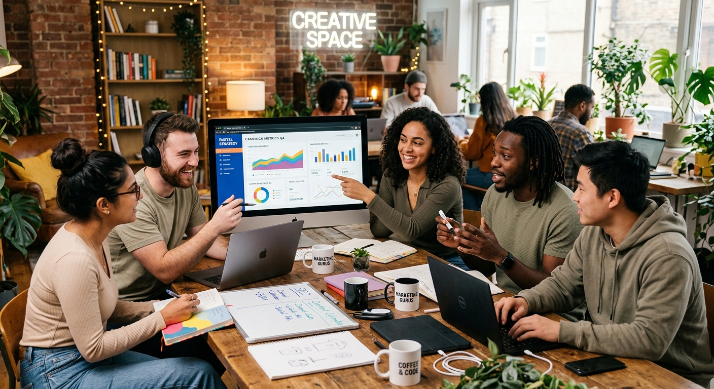 Grupo de profissionais de marketing digital colaborando em projeto em um ambiente de trabalho