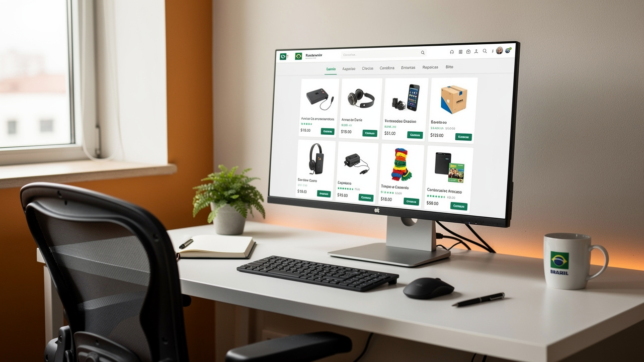 Catálogo de produtos organizado exibido na tela de computador em escritório de e-commerce