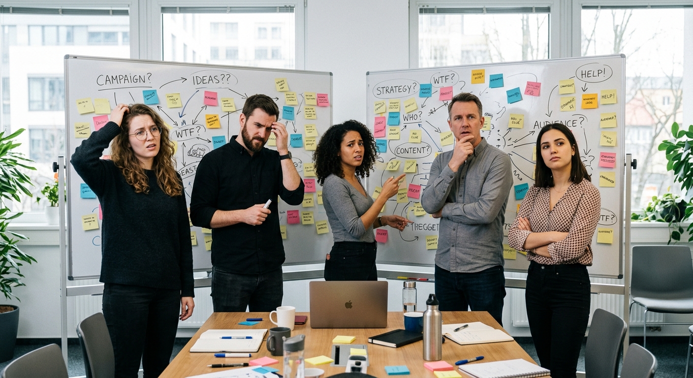 Equipe de marketing em reunião sem processos claros definidos no quadro branco