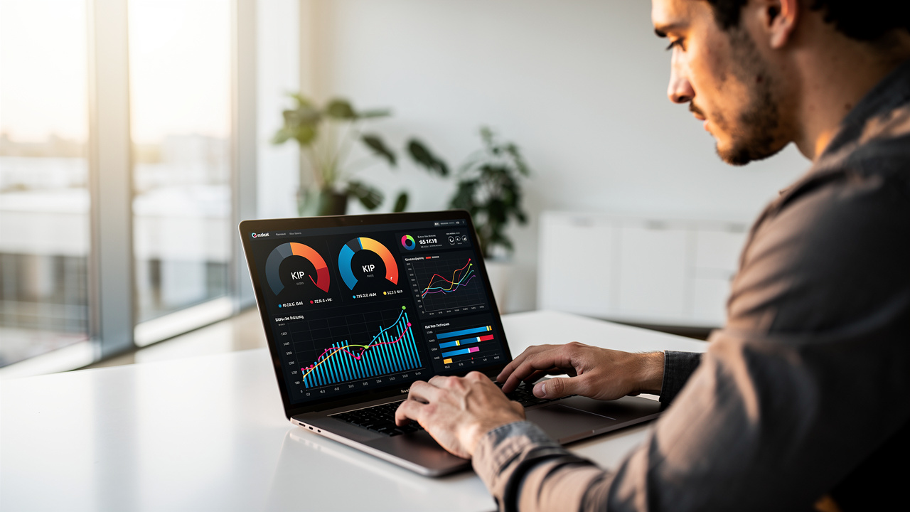 Empreendedor analisando gráficos de margem e desempenho de marketing em escritório moderno