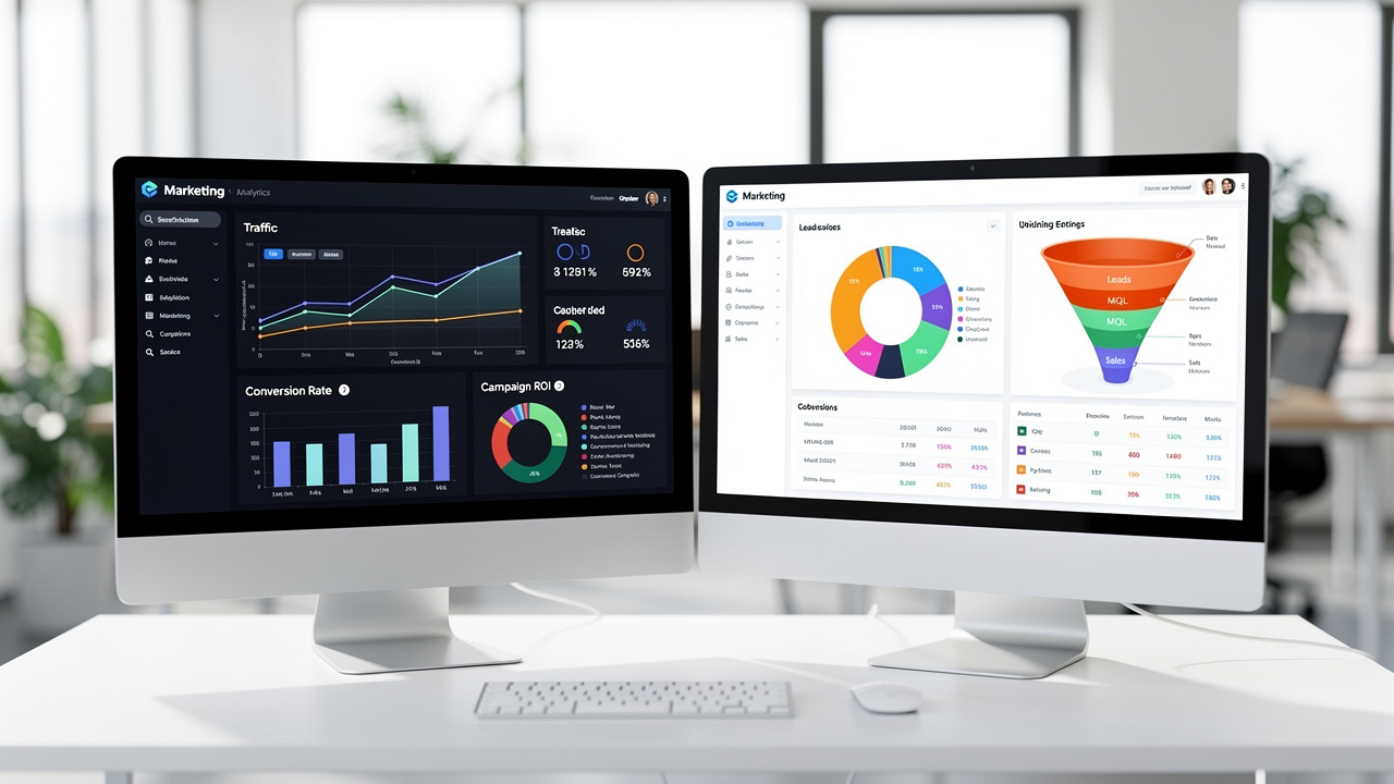 Duas telas de computador mostrando dashboards de marketing distintos e desconectados em escritório