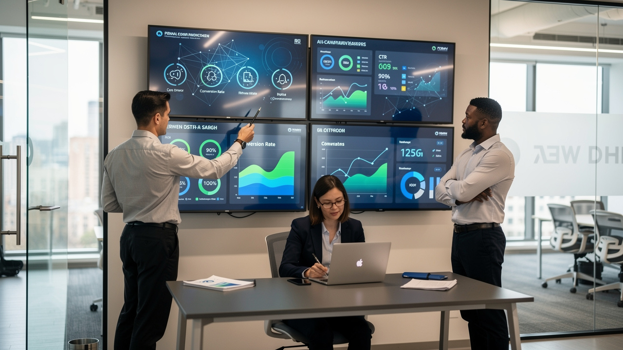 Time de marketing analisando dashboards gerados por IA em escritório moderno com luz natural