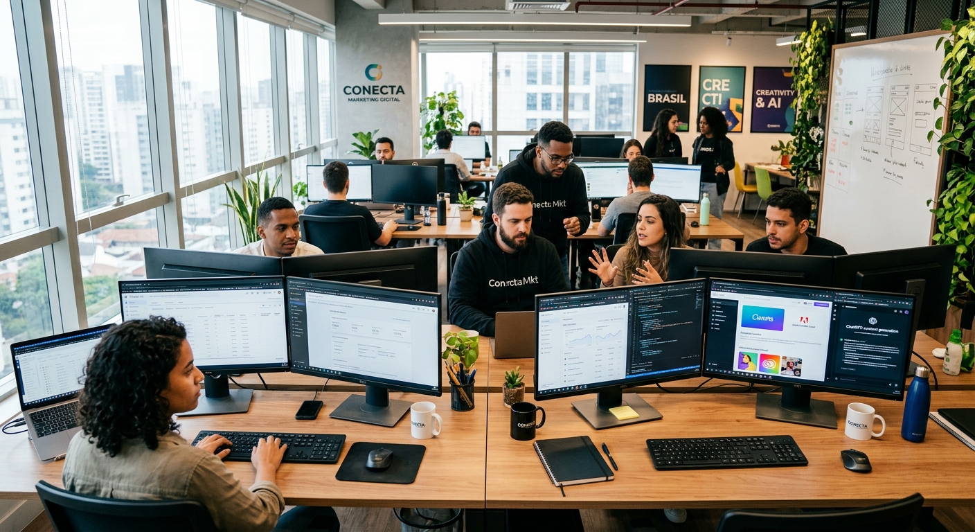 Equipe de agência digital utilizando ferramentas de IA em ambiente de trabalho colaborativo