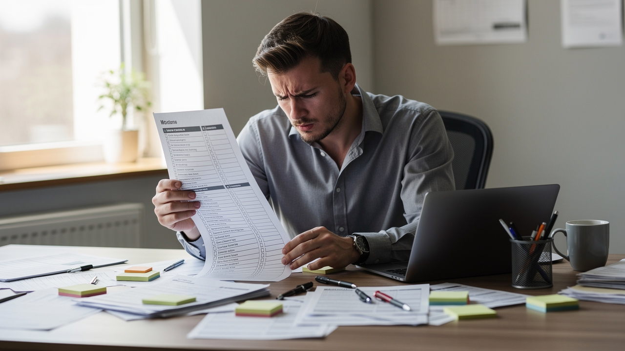 Profissional revisando lista de checklist extensa em mesa de escritório bagunçada