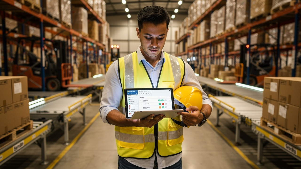 Gerente industrial brasileiro revisando pedidos digitais em tablet em galpão moderno