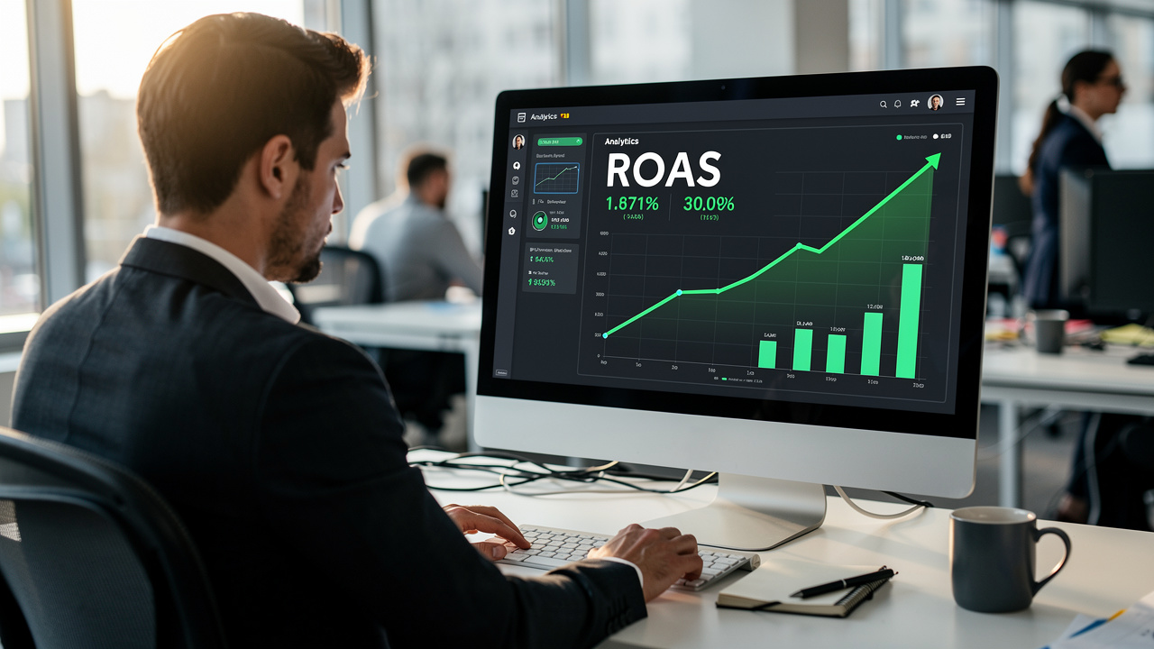 Gestor de marketing analisando painel com ROAS alto em tela de computador no escritório