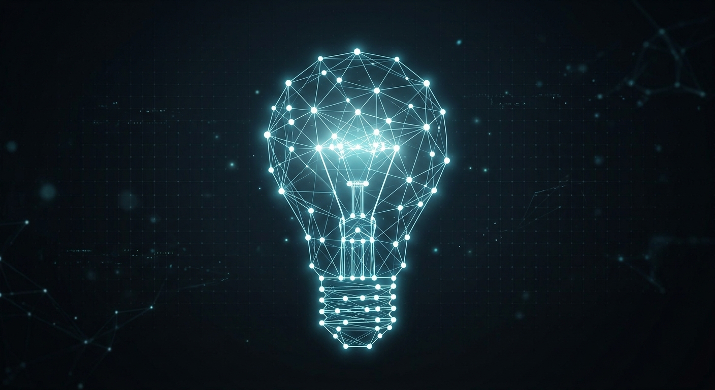Ícone de uma lâmpada formada por nós digitais representando a conexão entre ideias e dados no growth hacking
