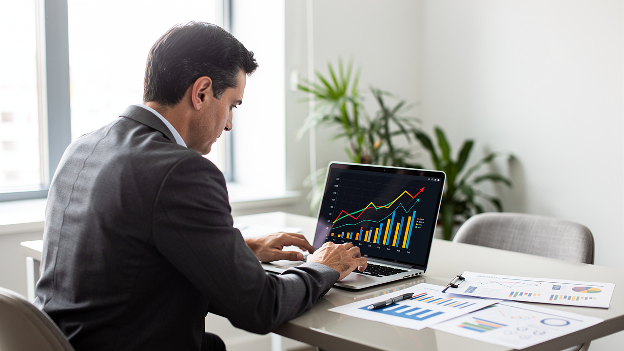 Empreendedor brasileiro analisando gráficos de crescimento empresarial em laptop no escritório