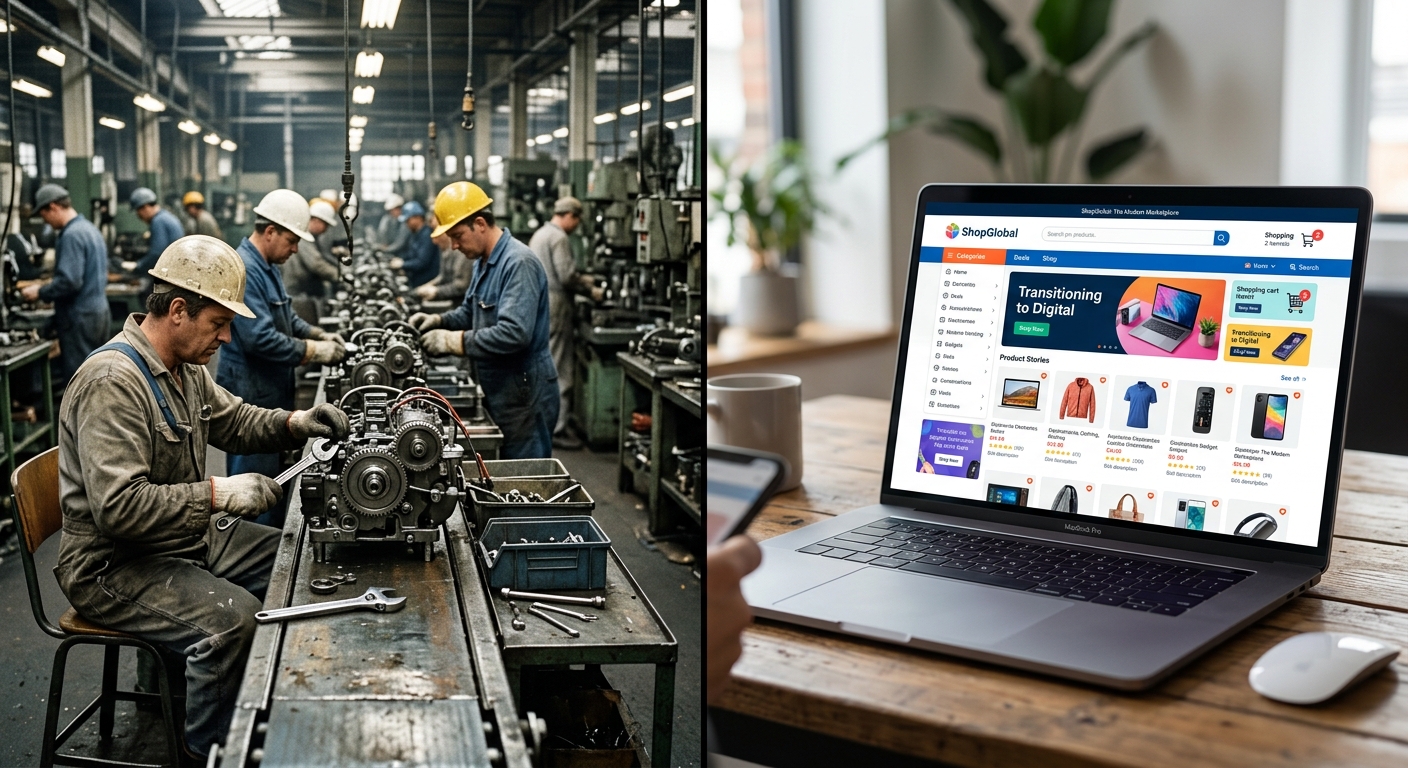 Tela dividida mostrando linha de montagem industrial e um site de e-commerce simbolizando a migração B2B para B2C