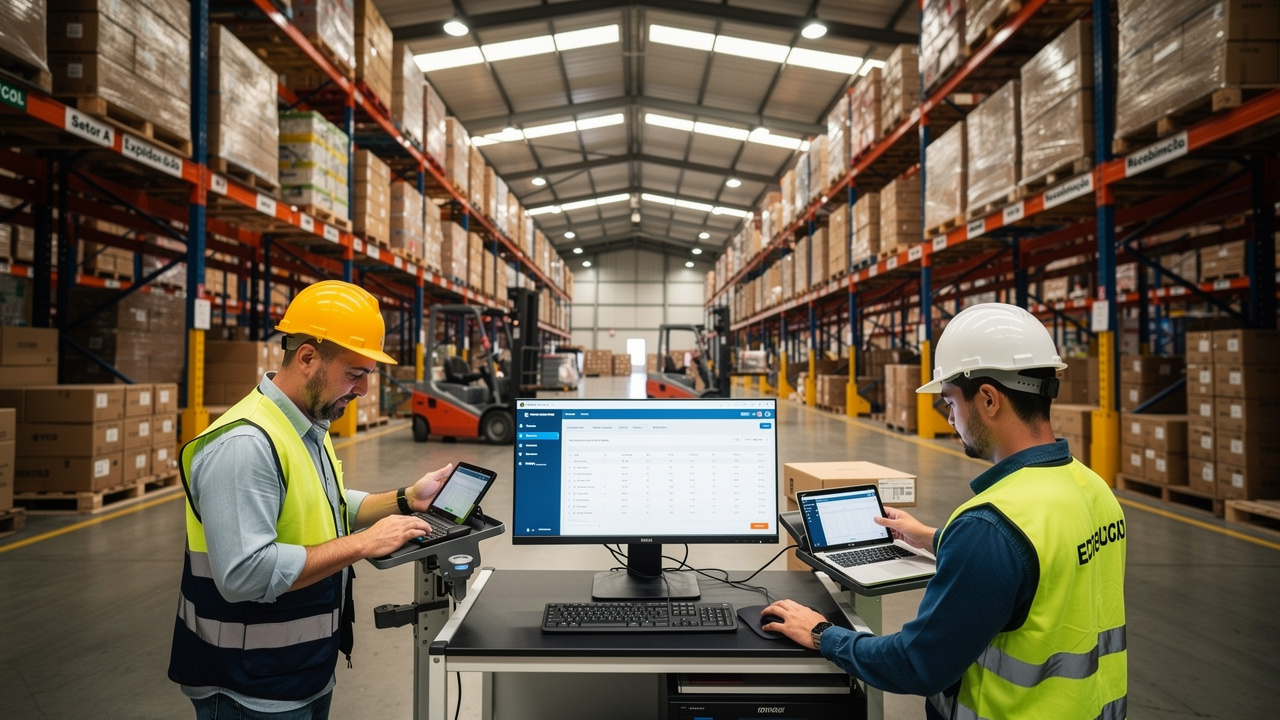 Trabalhadores em galpão industrial brasileiro usando tablets para gerenciar pedidos online