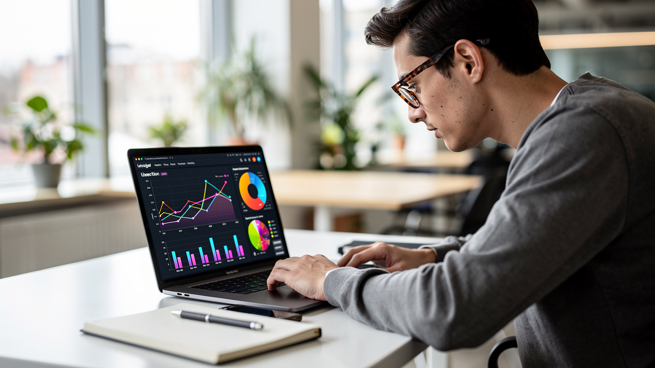 Jovem empreendedor analisando gráficos de comportamento de usuário em laptop em coworking