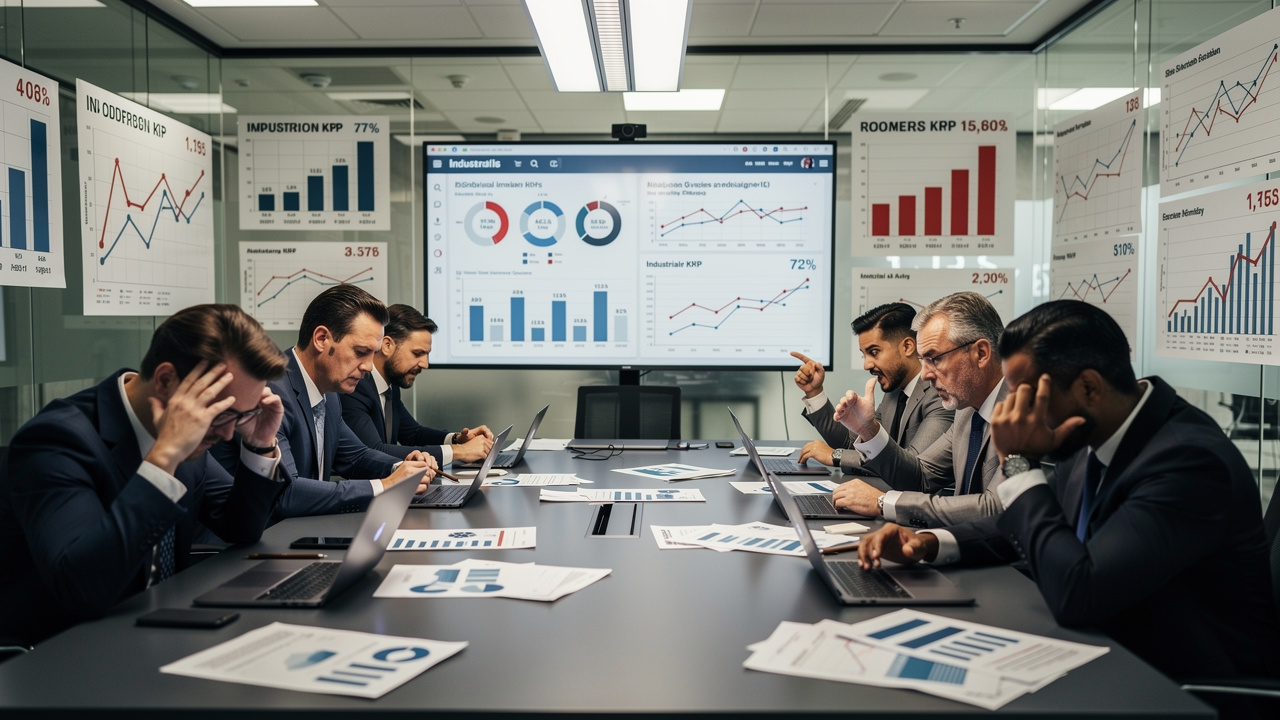 Equipe de marketing frustrada em reunião com gráficos mostrando dados industriais desalinhados