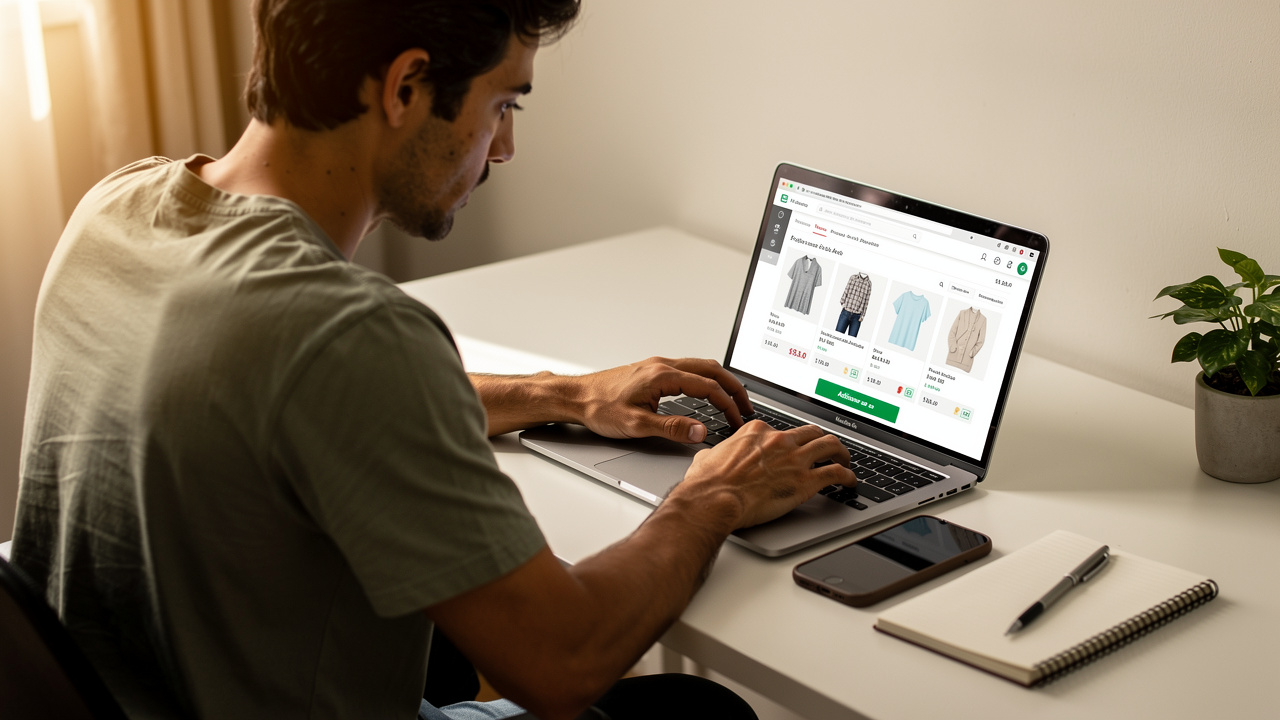 Lojista brasileiro revisando listagens de produtos no laptop com luz natural